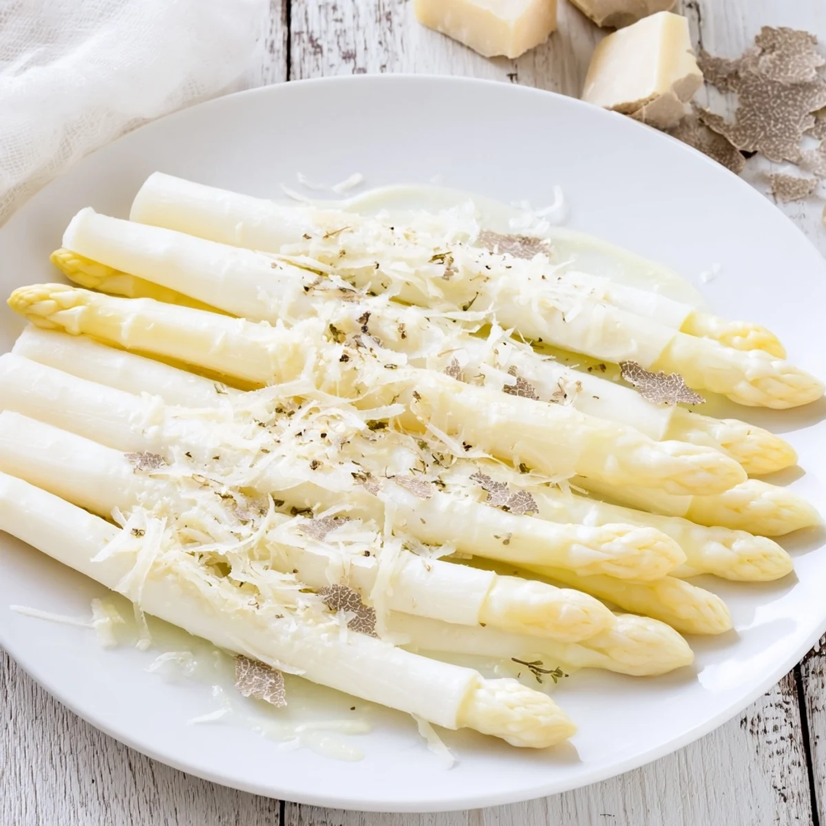 Elegant The Silver Birch starter: white asparagus with shaved Comté and black truffle aroma.