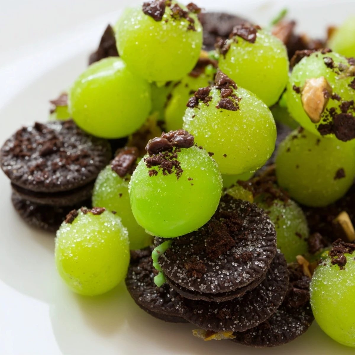 Image of The Crystal Cave dessert: glistening sugar-coated grapes inside a crunchy dark chocolate cracker cave.