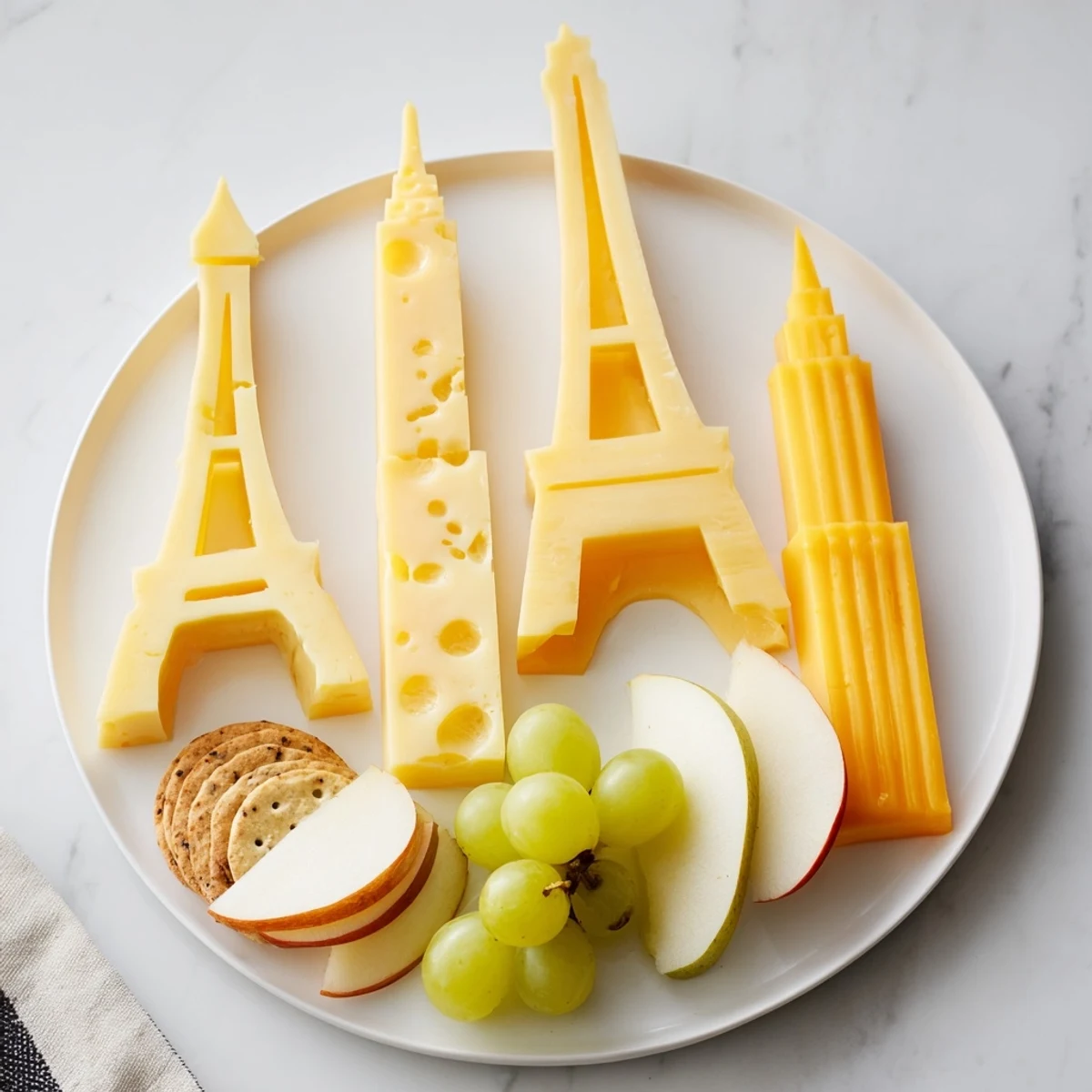 Skyline Silhouette cheese platter: architectural cheese slices and colorful fruit create a beautiful city scene.