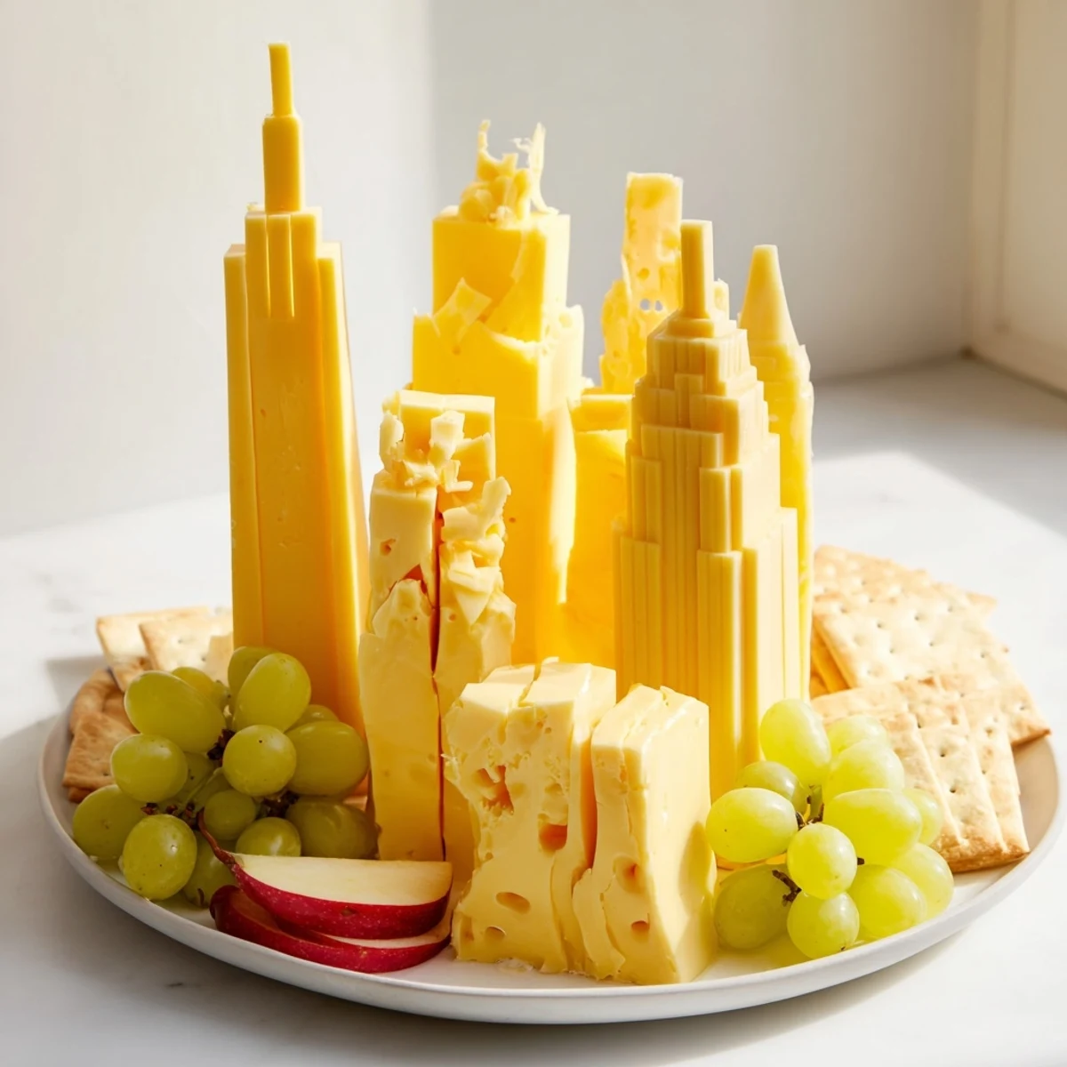 A visually stunning Skyline Silhouette appetizer: crafted cheese buildings with grapes and fruit accents.