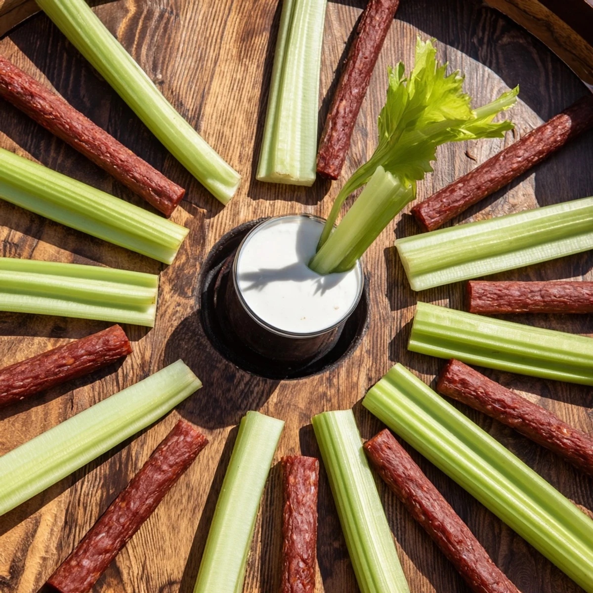 The Rustic Wheel appetizer, a visually appealing arrangement of celery and savory meat sticks.
