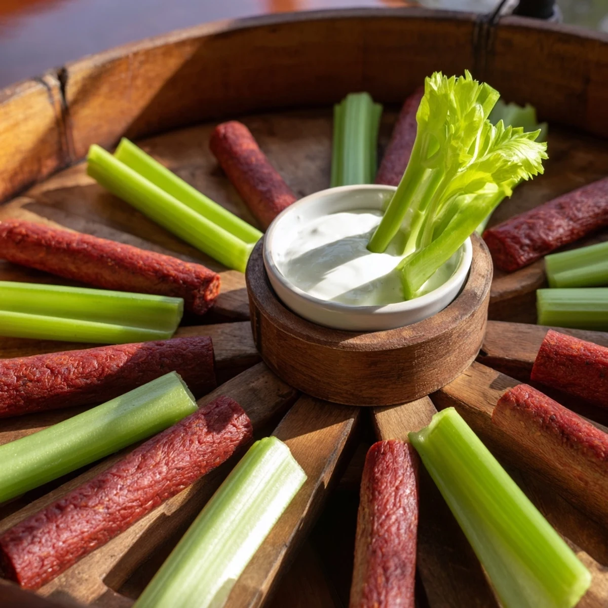 A close-up of The Rustic Wheel showcases fresh celery next to delicious meat sticks for snacking.