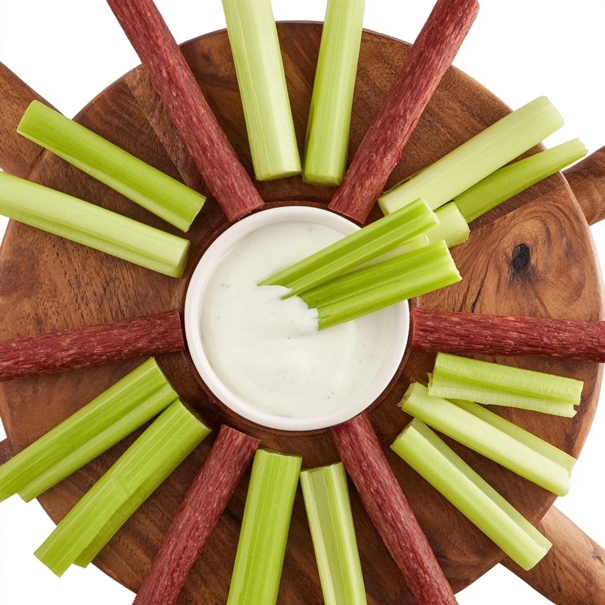 Get ready to share The Rustic Wheel: an easy party appetizer of colorful celery and meat skewers.