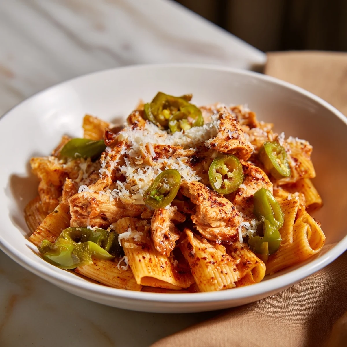 A delicious serving of Pasta Chip Nachos: crunchy pasta, savory chicken, and a perfect cheesy bite.