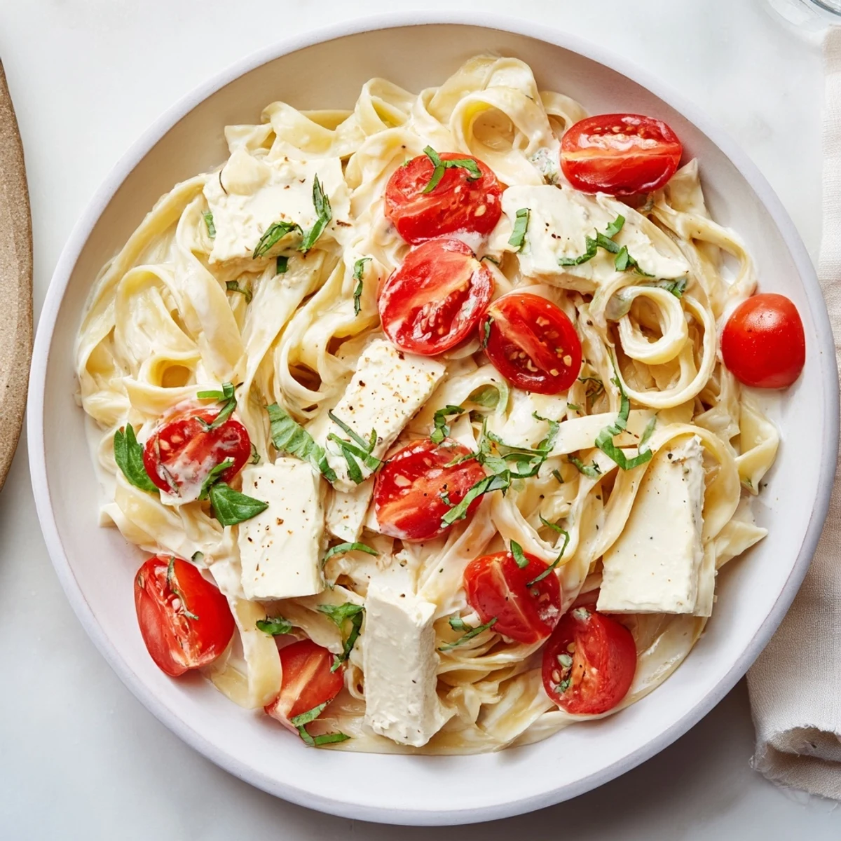 Baked Brie Pasta Sauce with melted brie and roasted tomatoes, ready for a delicious dinner.