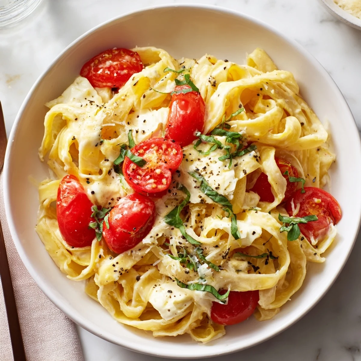 Creamy homemade Baked Brie Pasta Sauce, showcasing bubbly brie with perfectly cooked fettuccine.