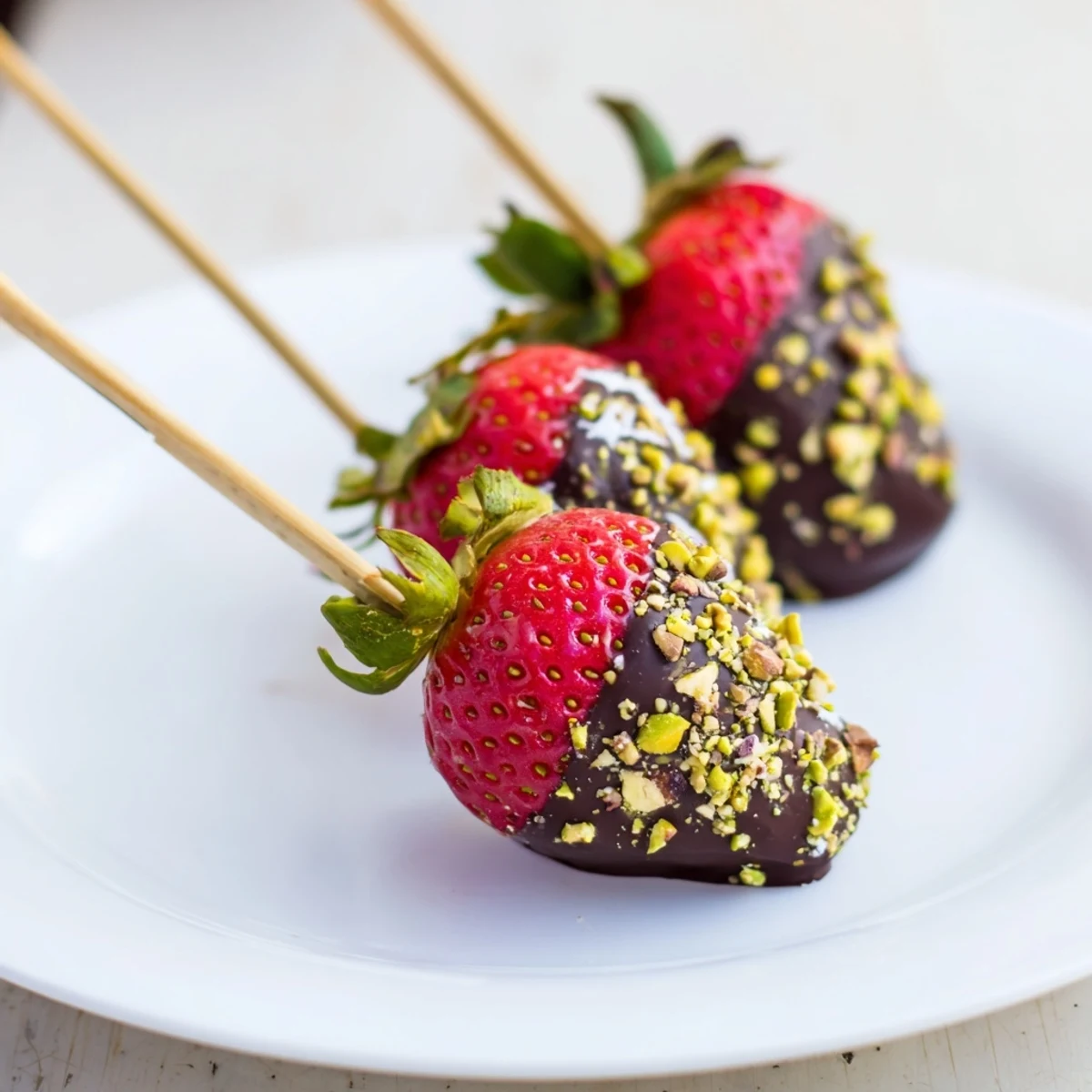 Each chocolate-dipped strawberry skewer glistening with melted chocolate, an elegantly delicious dessert.