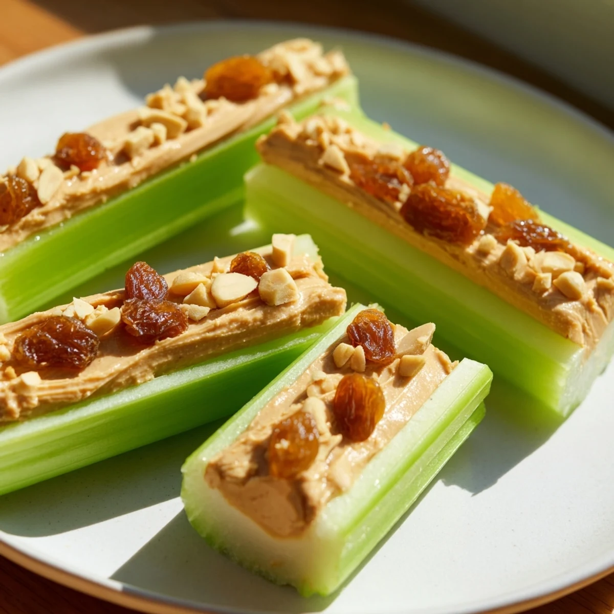 Fresh, crisp celery sticks filled with creamy peanut butter, ready for a delicious snack.