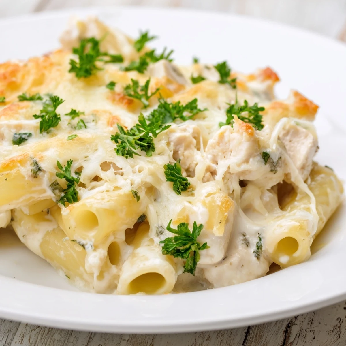 Golden, bubbly Chicken Alfredo Bake with tender chicken, pasta and a melted cheese topping.