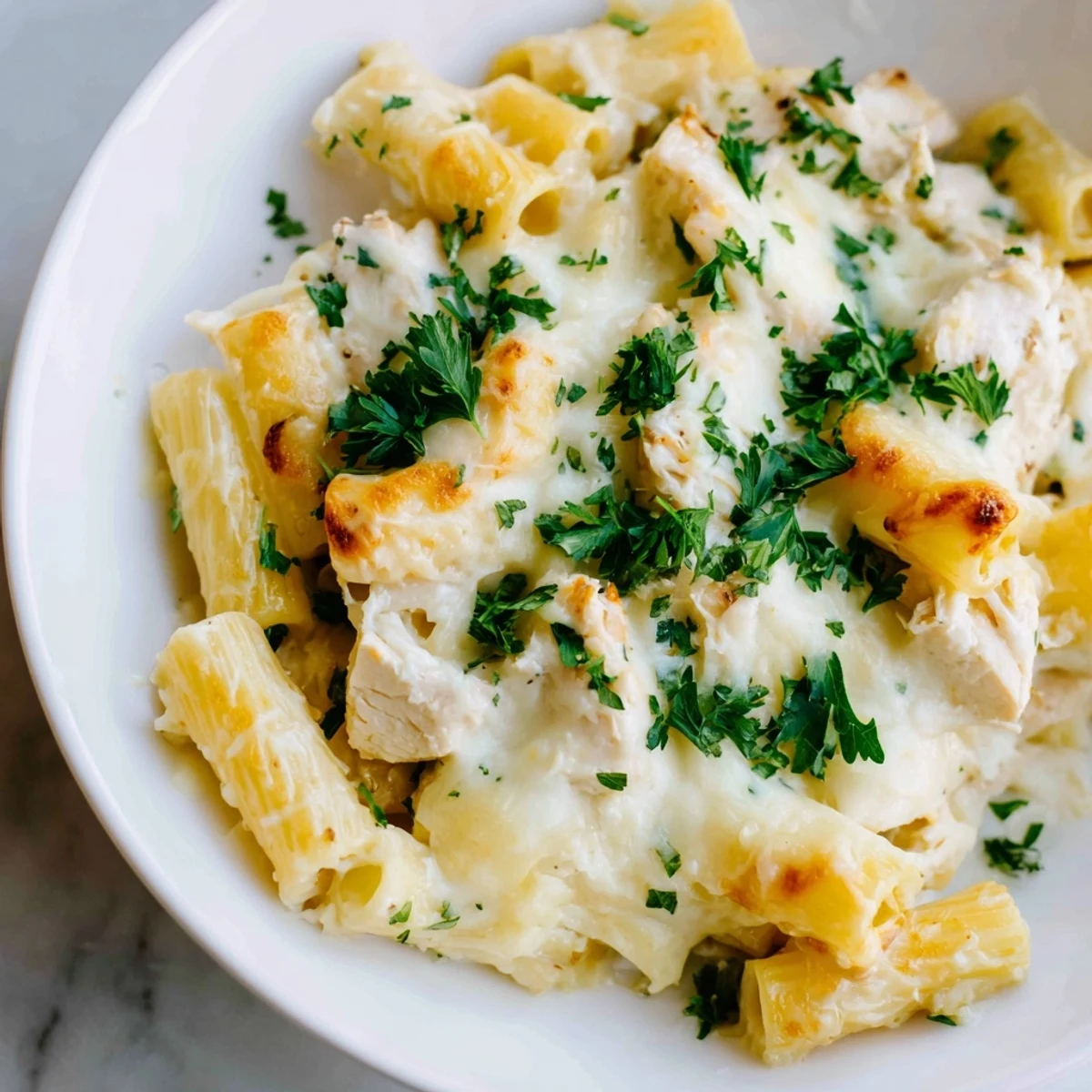A close-up of a creamy Chicken Alfredo Bake, showing the rich Alfredo sauce and golden crust.