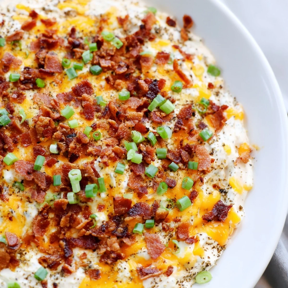 Warm, bubbly Cheesy Bacon Ranch Dip, a savory blend of melted cheese and crispy bacon.