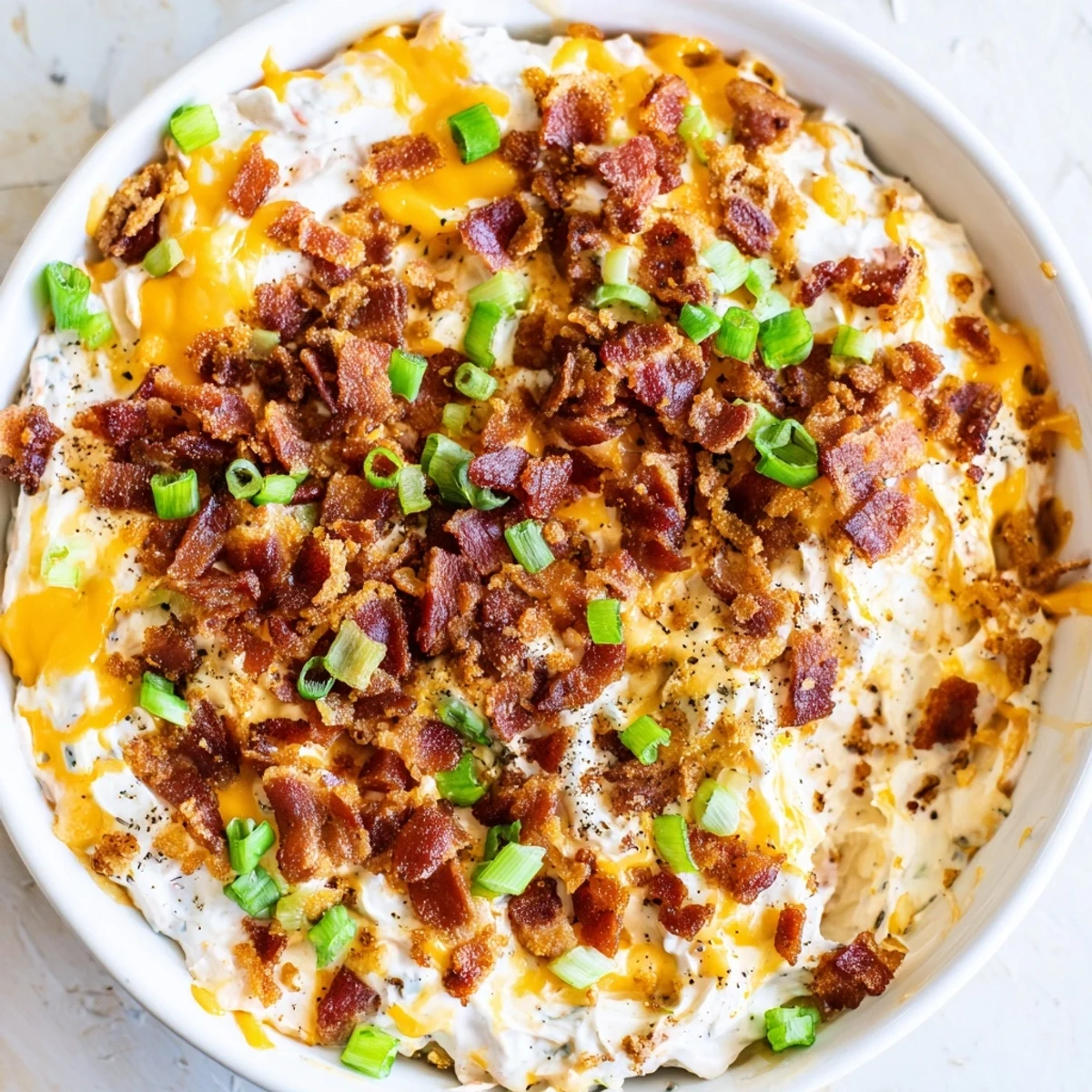 A close-up of a bubbling Cheesy Bacon Ranch Dip, topped with crispy bacon bits, ready to be served.