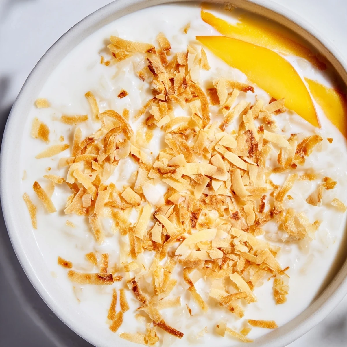 A close-up of warm Toasted Coconut Rice Pudding, with visible rice grains and a sweet coconut aroma.