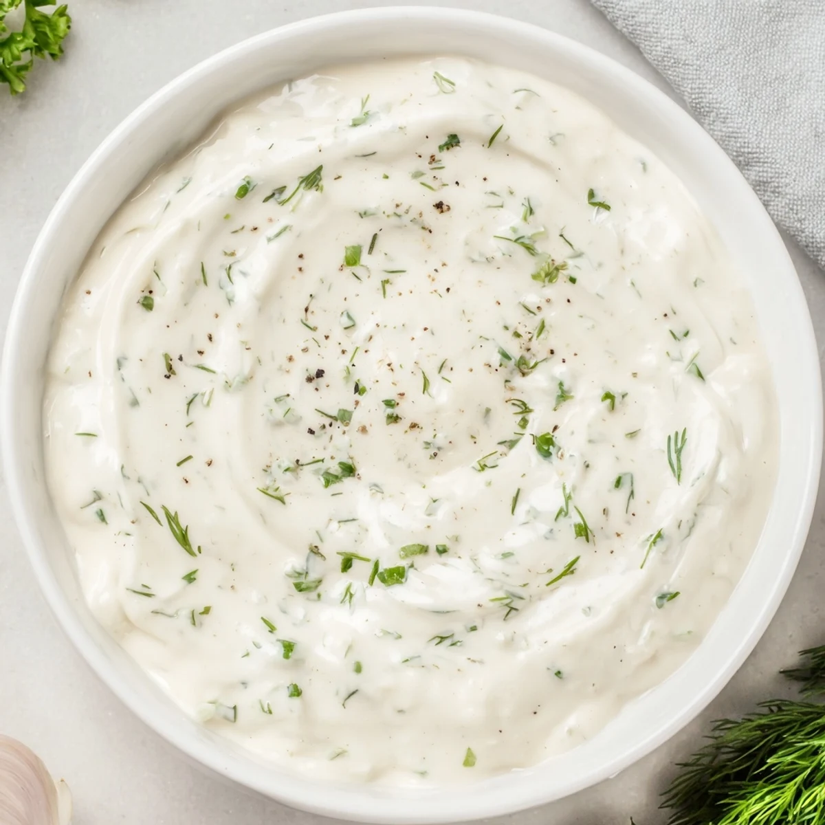 Vibrant image of Greek Yogurt Ranch Dip, a healthy snack option with chopped herbs and lemon.