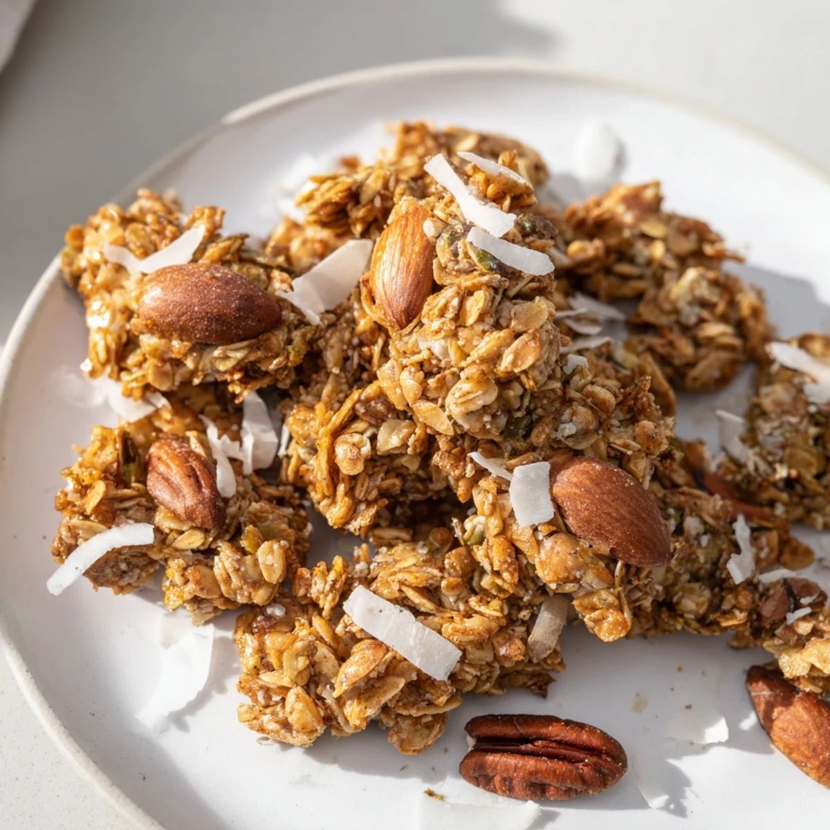 Golden honey nut granola clusters, a breakfast treat with a satisfying crispy texture, ready to serve.