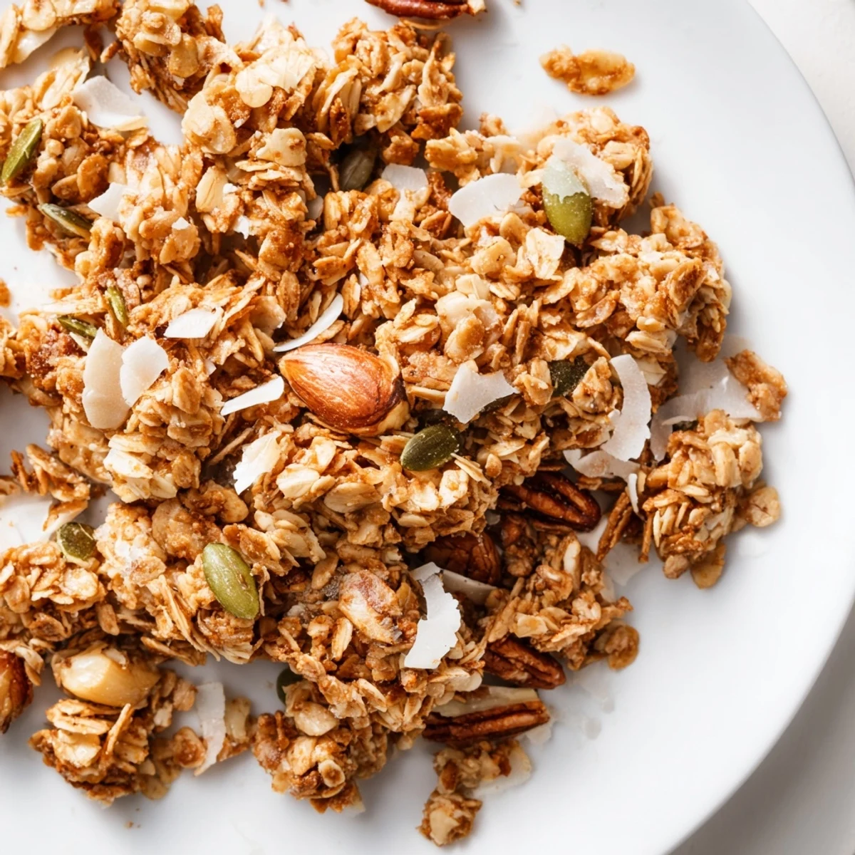 Deliciously baked honey nut granola, showcasing perfect golden-brown clusters filled with healthy nuts and oats.