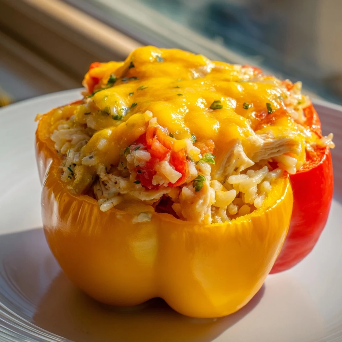 Golden, bubbly Cheesy Chicken Stuffed Peppers, a hearty, gluten-free delight bursting with flavor.