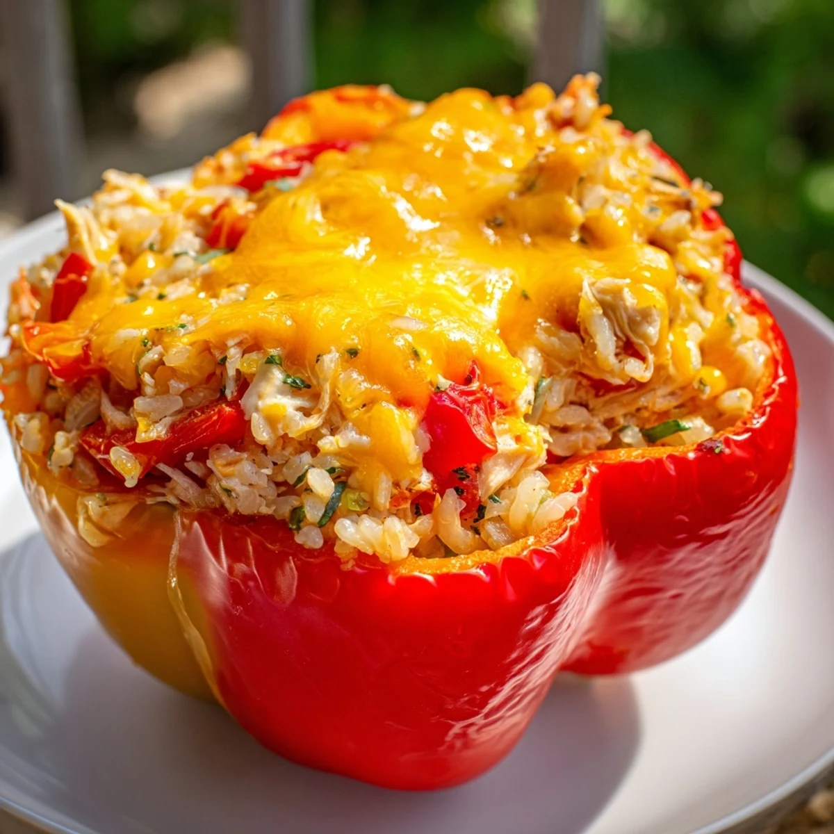 Close-up of baked Cheesy Chicken Stuffed Peppers, showcasing a cheesy, savory, comforting dinner.