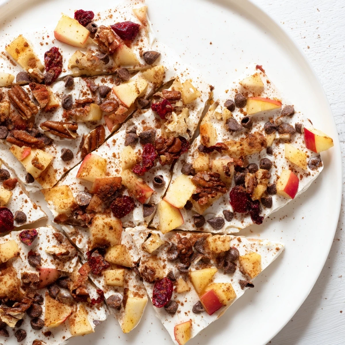 A close-up of apple cinnamon yogurt bark, a perfect dessert, with visible toppings and a creamy texture.