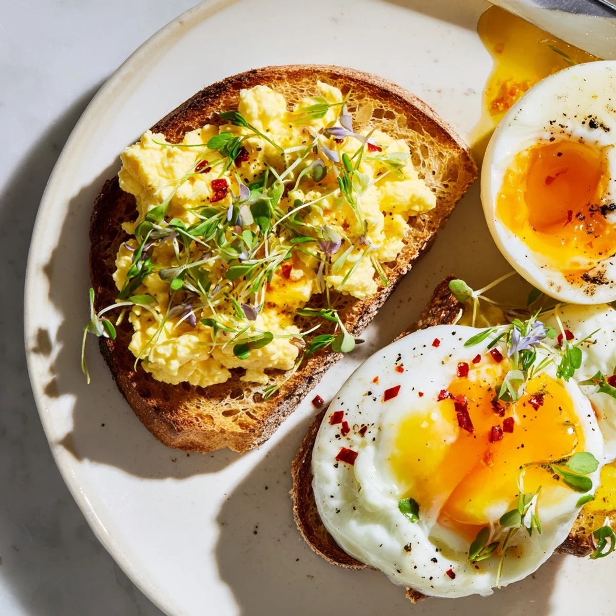 Golden, crispy egg flight toast with creamy scrambled, soft-boiled, and fried egg variations.