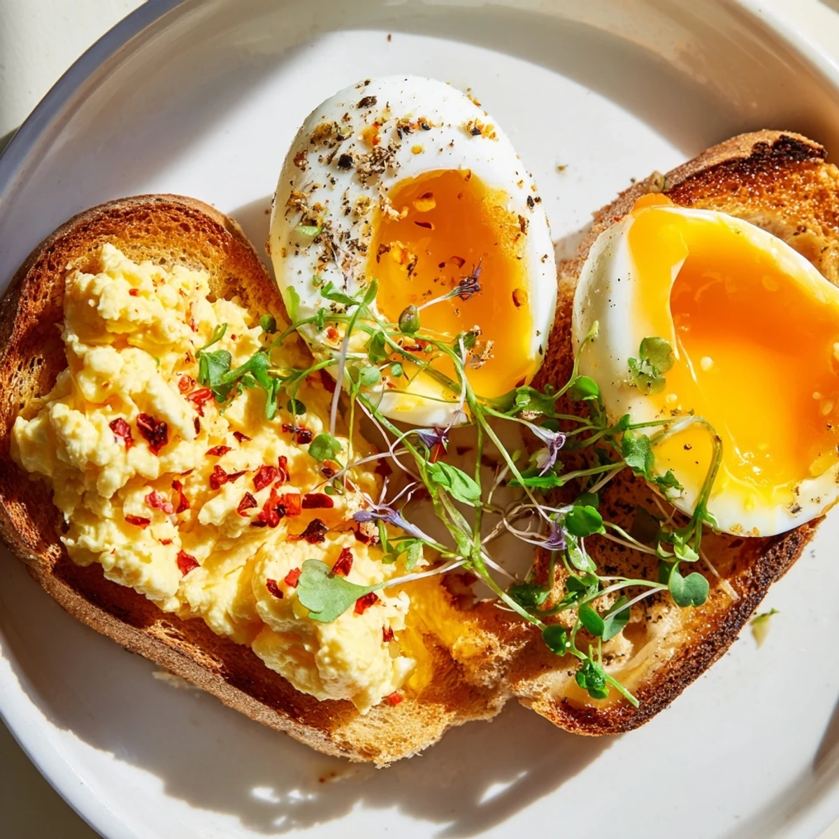 A close-up of a delightful egg flight toast, showcasing the textures of perfectly cooked eggs.