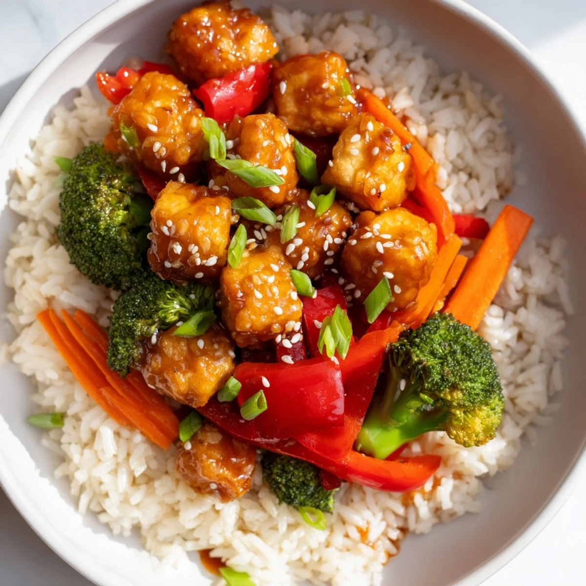 Golden, crispy Honey Garlic Tofu Bowls with vibrant vegetables and a glossy, sweet sauce, ready to serve.