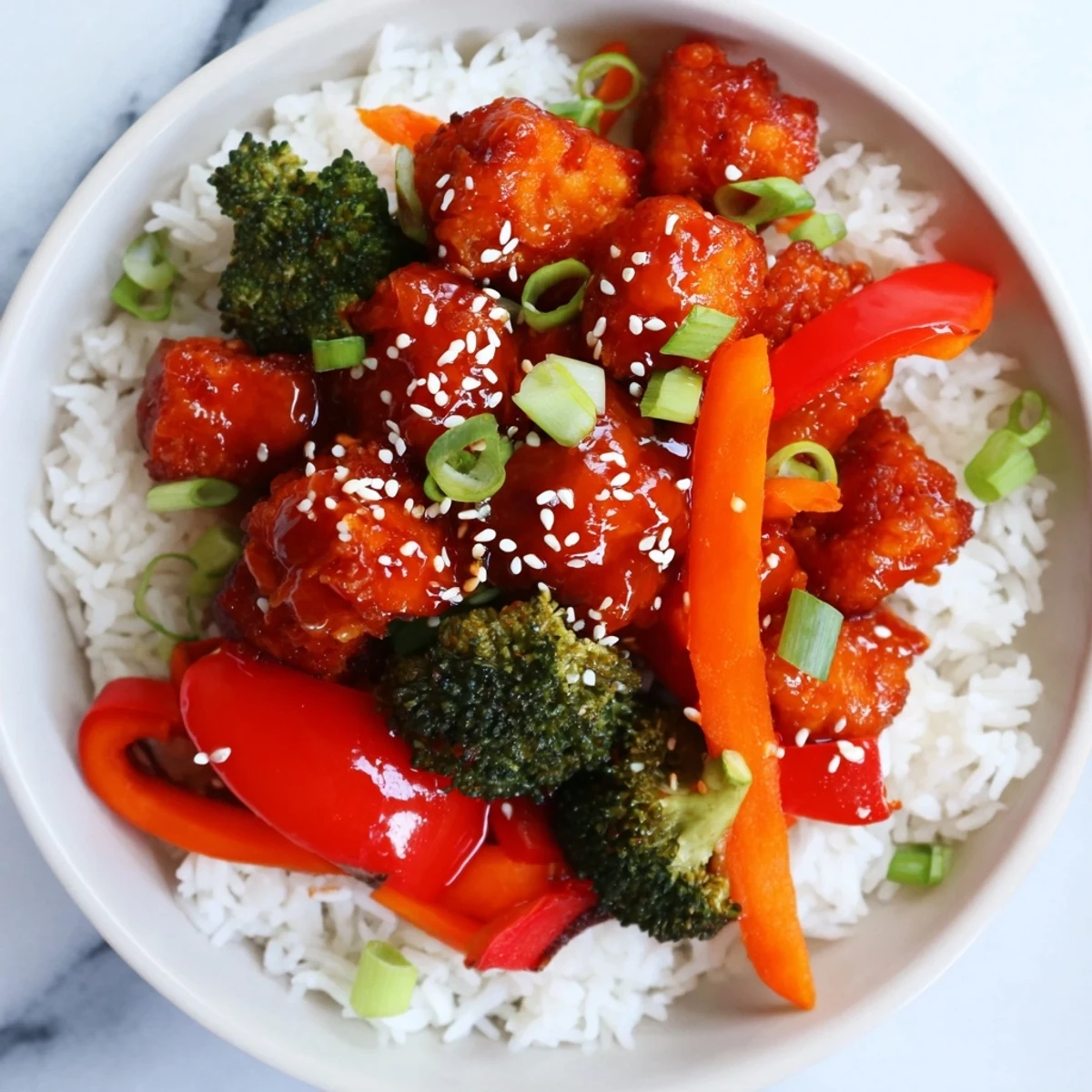 Aromatic Honey Garlic Tofu Bowls with fluffy rice, sprinkled sesame, offering a delicious vegetarian dinner.