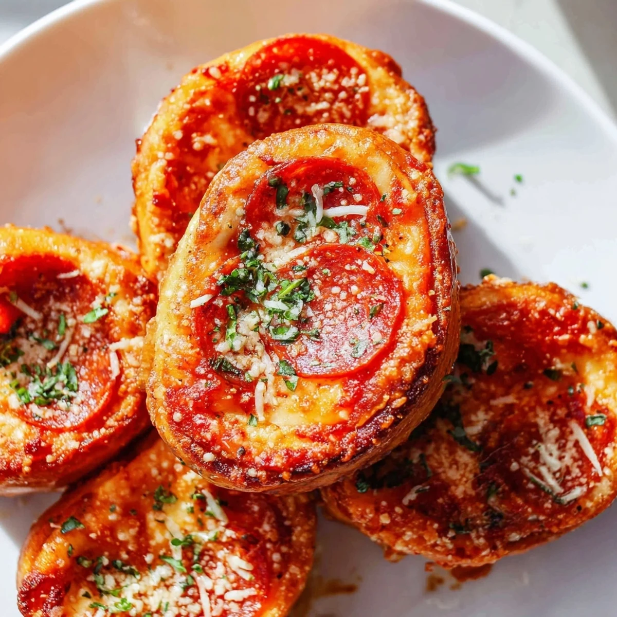 Close-up of freshly air fried pizza rolls, showing melted cheese inside these perfectly cooked snacks.