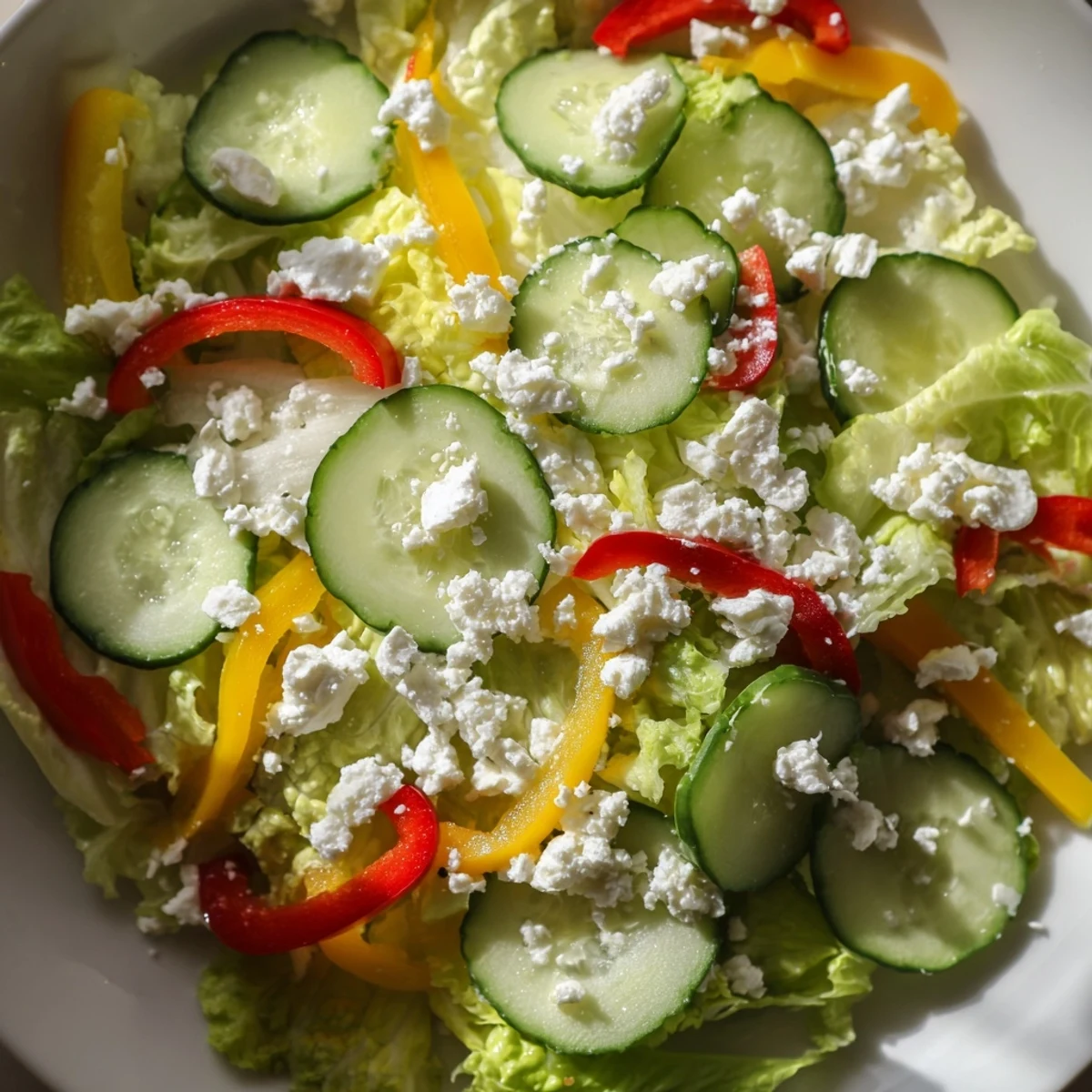 A Mediterranean Bella Hadid Salad with crunchy romaine, a touch of feta, and a bright lemon dressing is ready to eat.