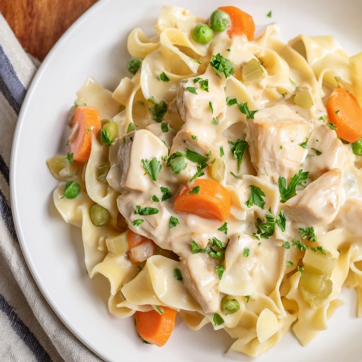 Close-up of Creamy Chicken and Egg Noodles: a rich, thick sauce coats perfectly cooked noodles.