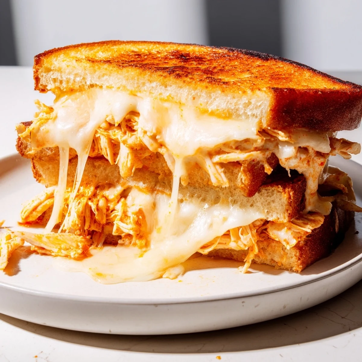 Golden-brown Chili Crisp Honey Chicken Grilled Cheese sandwich with melted cheese, ready to eat.