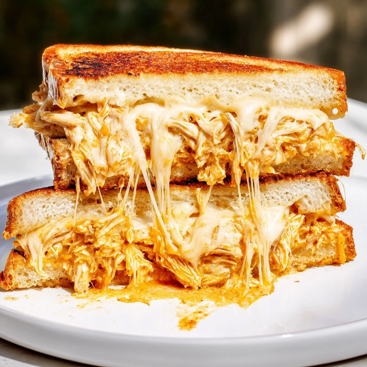 A close-up shot of a bubbling Chili Crisp Honey Chicken Grilled Cheese, perfectly grilled and delicious.