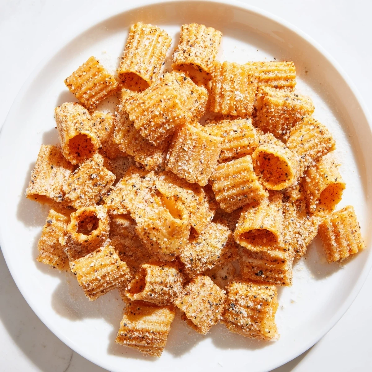 A close-up of freshly air-fried Pasta Chips, showing a perfectly crunchy, seasoned bite.