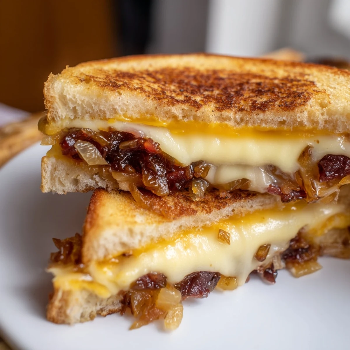 Golden, buttery bread hugging a rich, homemade Bacon Jam Grilled Cheese, ready to eat.