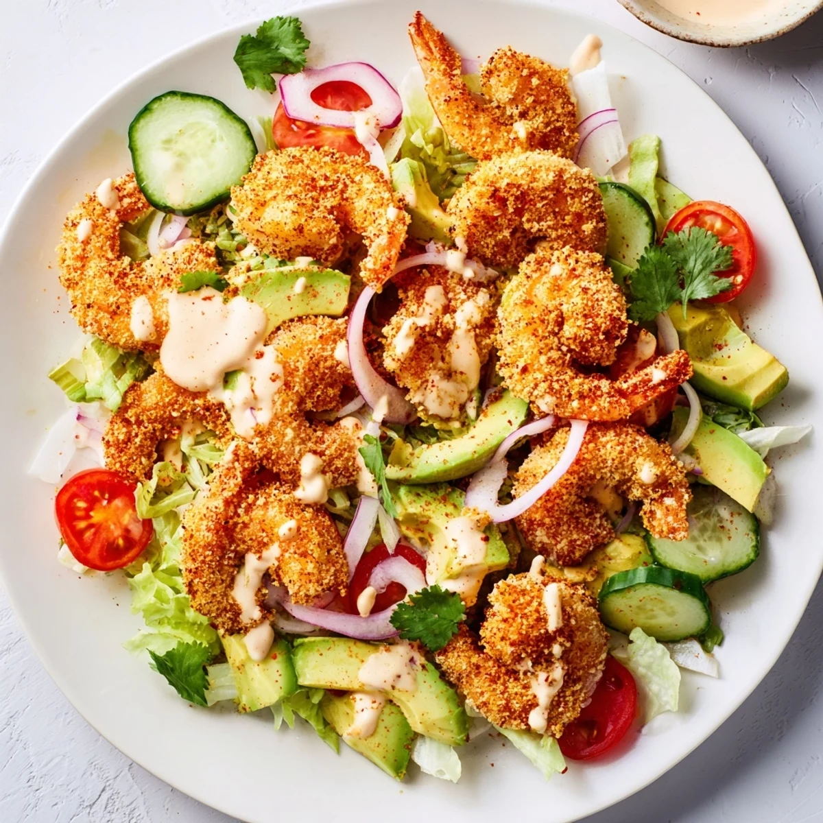 Golden, crispy Spicy Crispy Shrimp Salad: a beautiful mix of textures and fresh, vibrant vegetables.