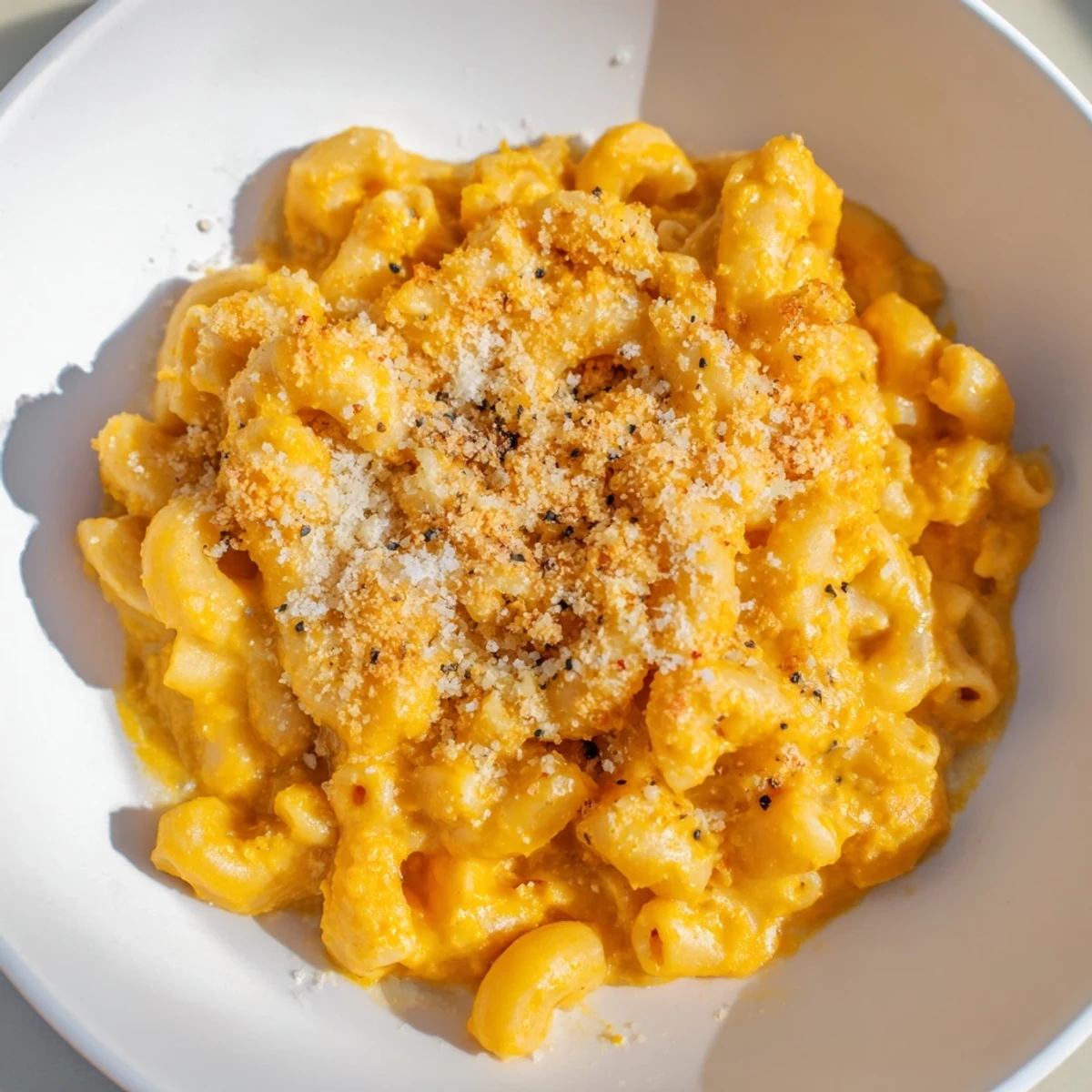 A warm bowl of Pumpkin Mac & Cheese, with a cheesy, pumpkin-infused sauce and perfectly cooked pasta.