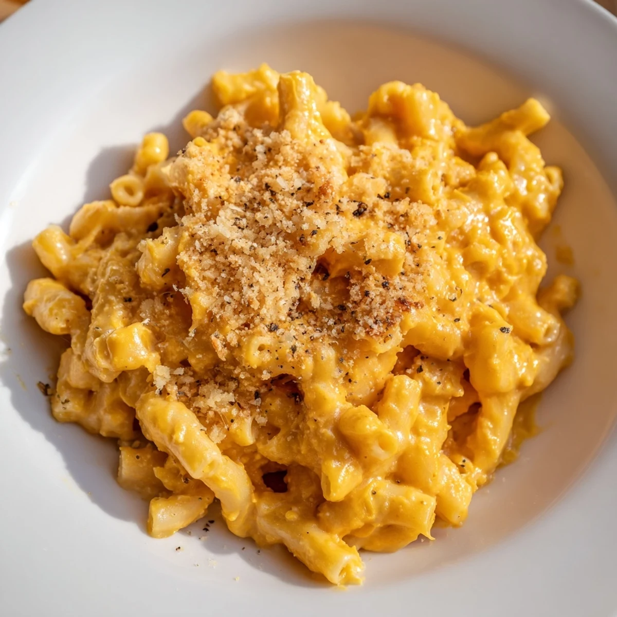 Homemade Pumpkin Mac & Cheese: creamy, rich, and topped with golden breadcrumbs for a delightful bite.