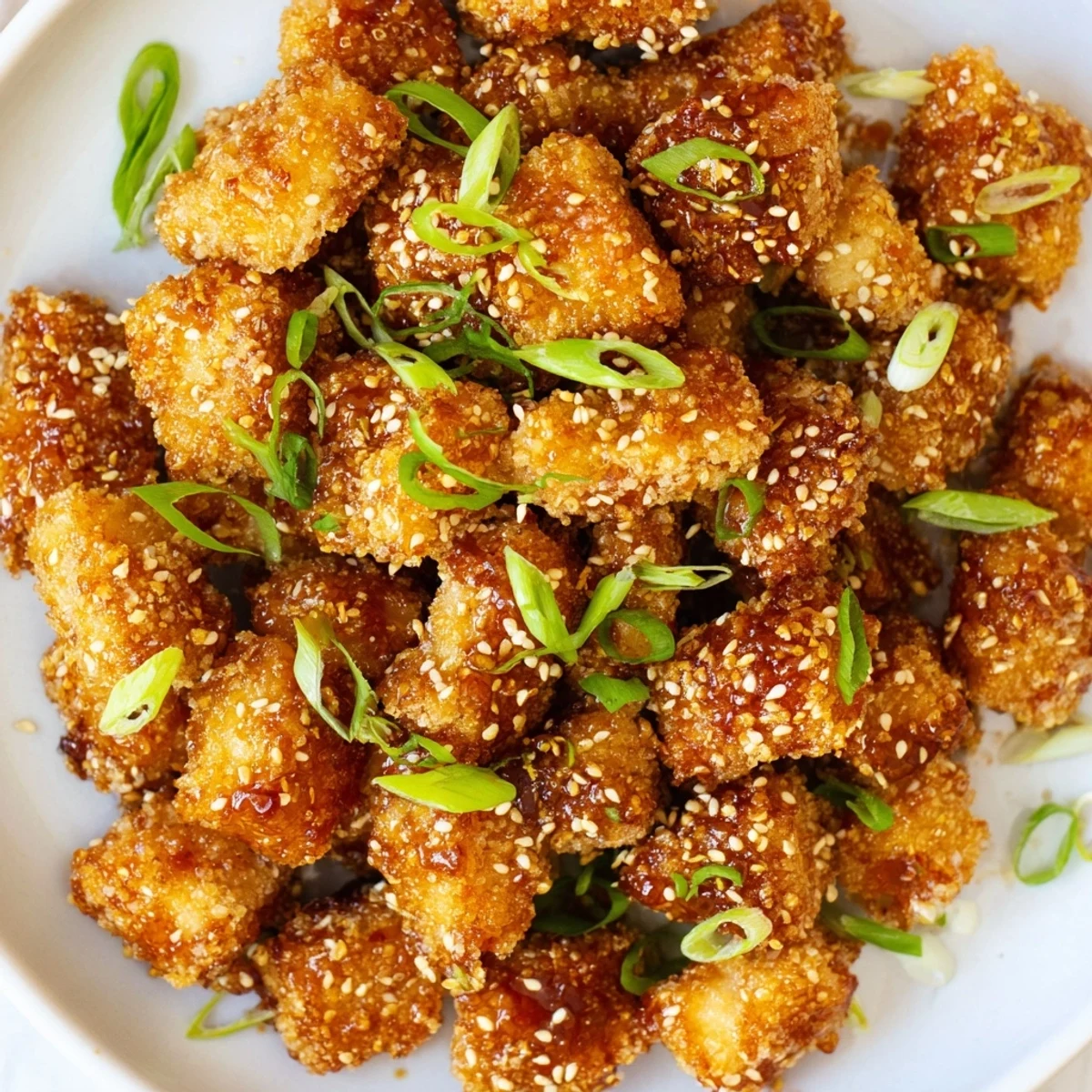 A delicious pile of Honey Sriracha Tofu Nuggets, coated in a sticky, savory sauce.