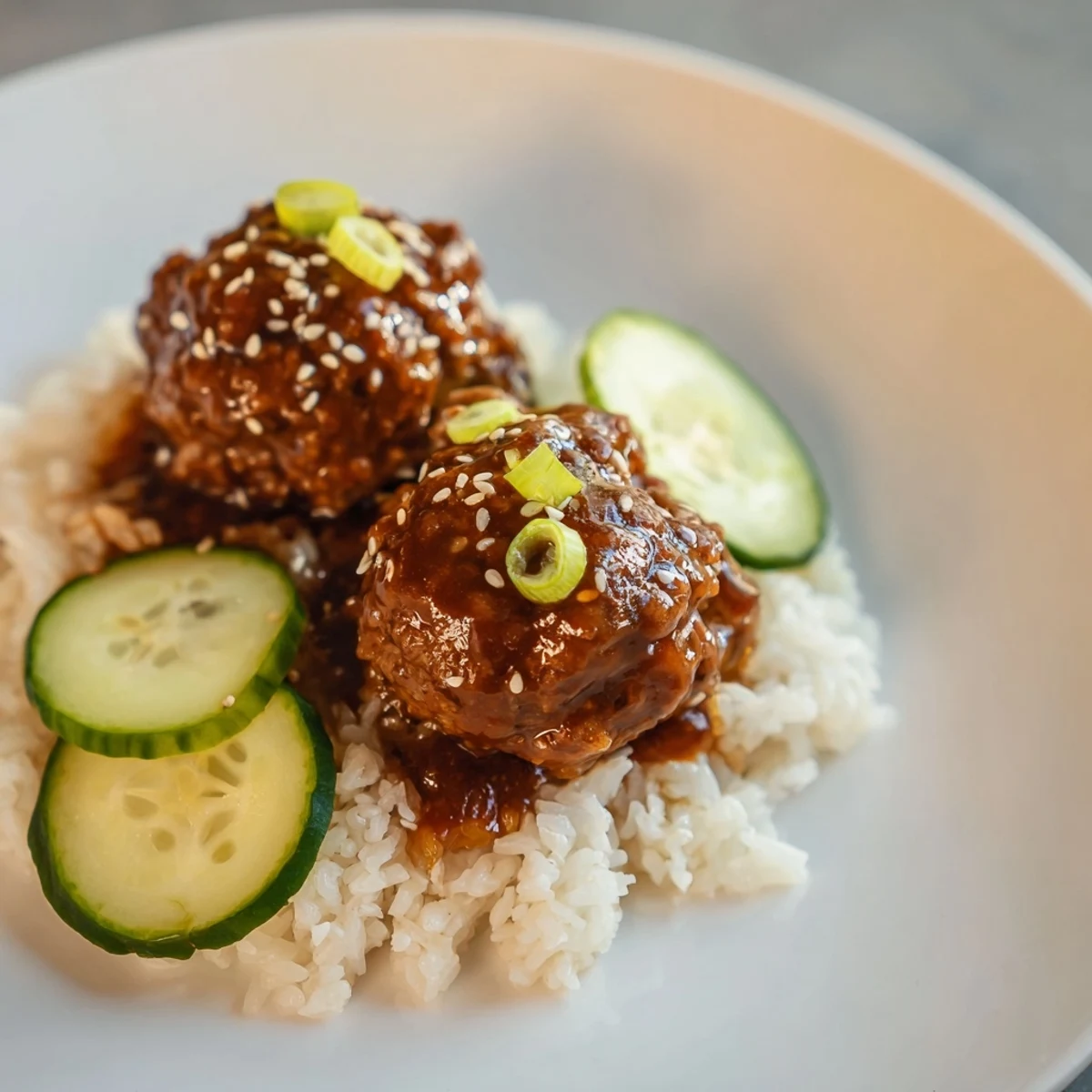 Close-up of succulent teriyaki meatball bowls, showing juicy meatballs in rich sauce, perfect for dinner.