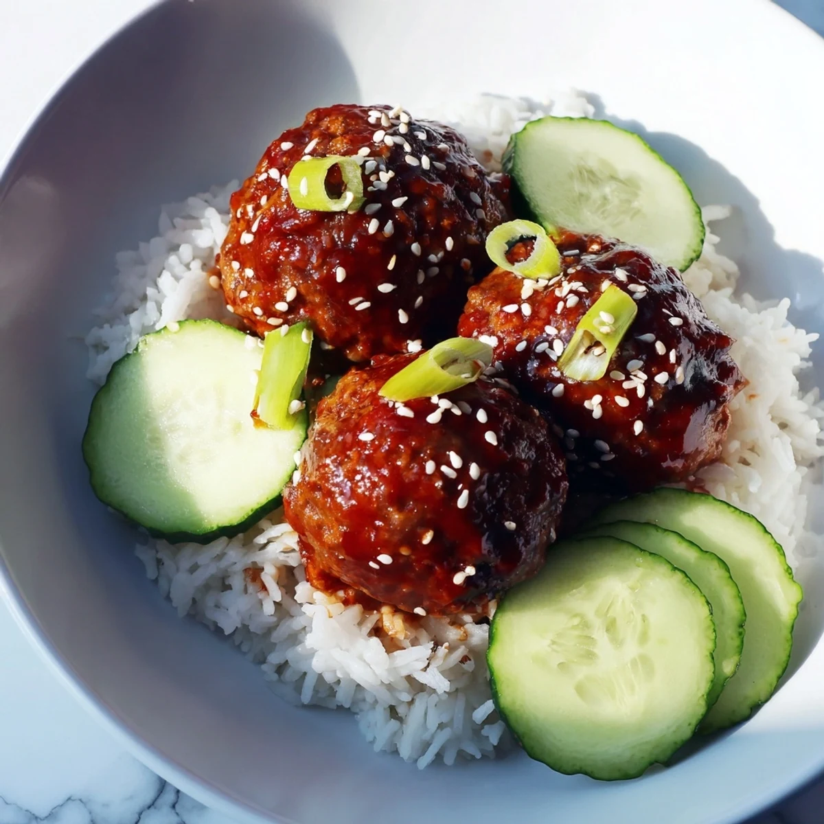 Steaming rice and glistening teriyaki meatball bowls, garnished with cucumber and sesame seeds, ready to eat.