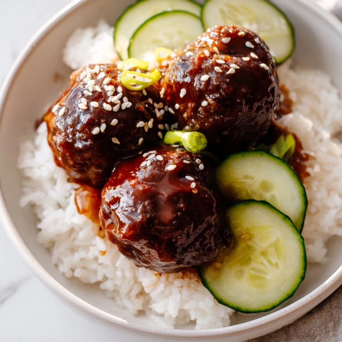 Imagine warm jasmine rice topped with tender teriyaki meatballs and fresh cucumber slices in these bowls.