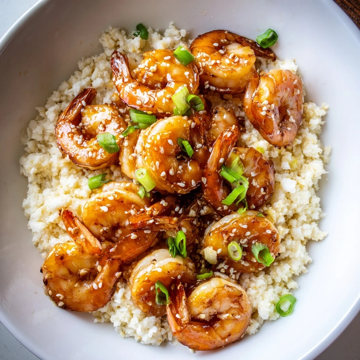 Close-up of freshly cooked ginger garlic shrimp bowls with glistening soy drizzle, perfect for dinner.