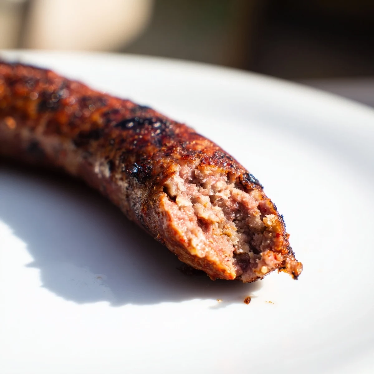 Grilled Romanian mici sausages, browned perfectly and ready to eat, served with mustard and bread.