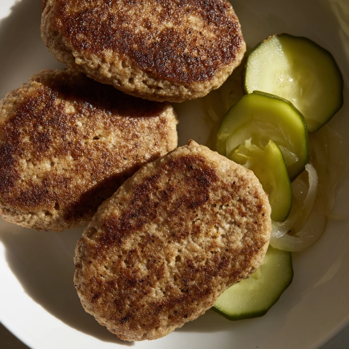 Golden brown Danish frikadeller, juicy pork meatballs from a hot skillet, ready to serve with pickles.