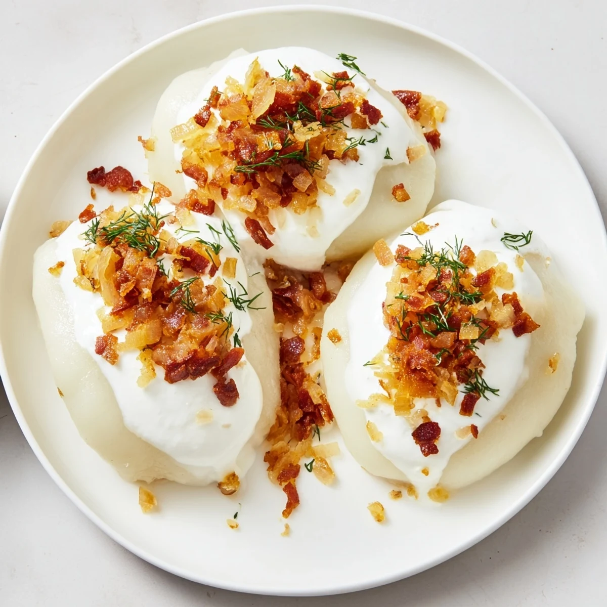 Steaming hot Lithuanian Cepelinai, oval potato dumplings filled with savory pork and beef.