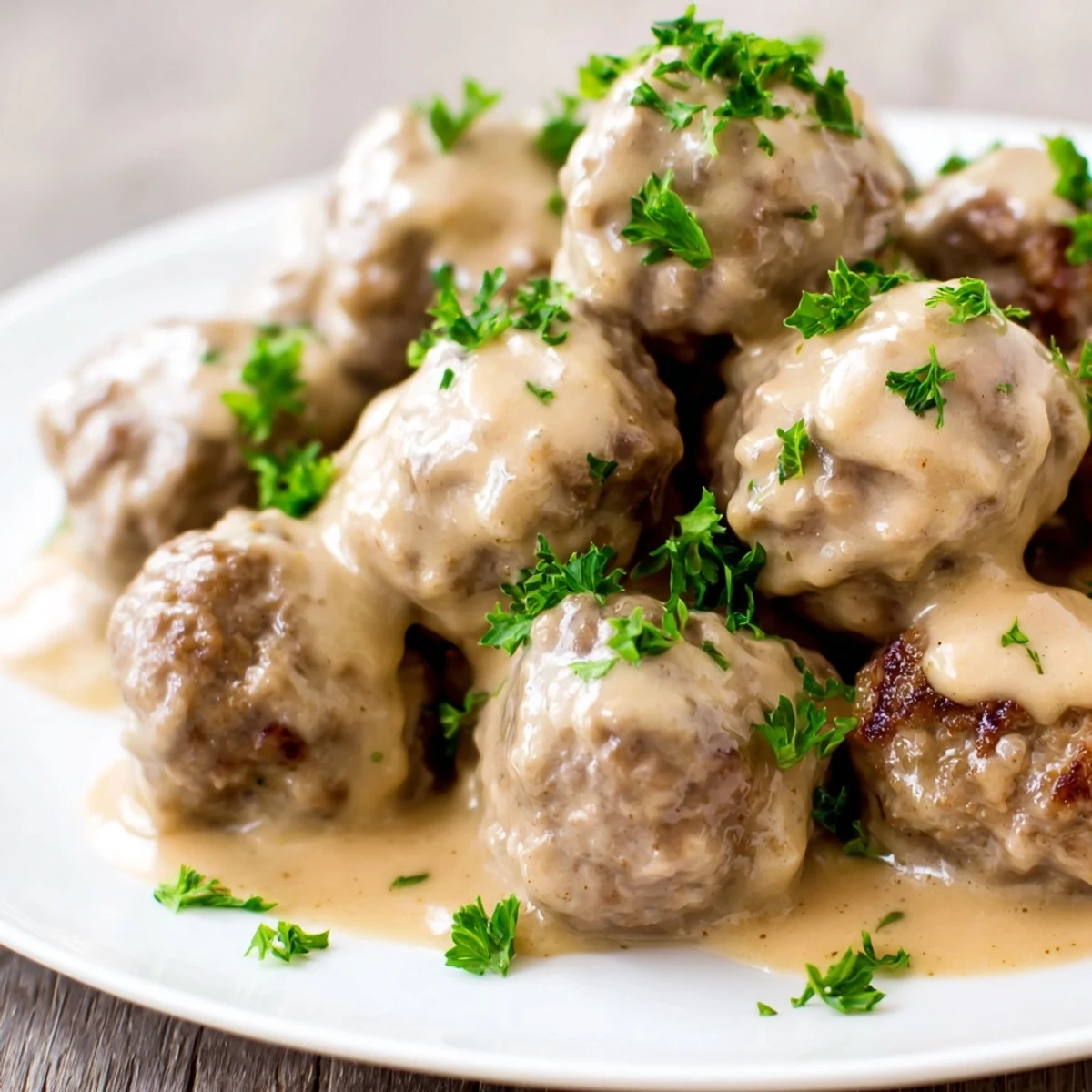 Hearty Swedish Meatballs in a brown sauce, garnished with parsley, a flavorful family favorite.