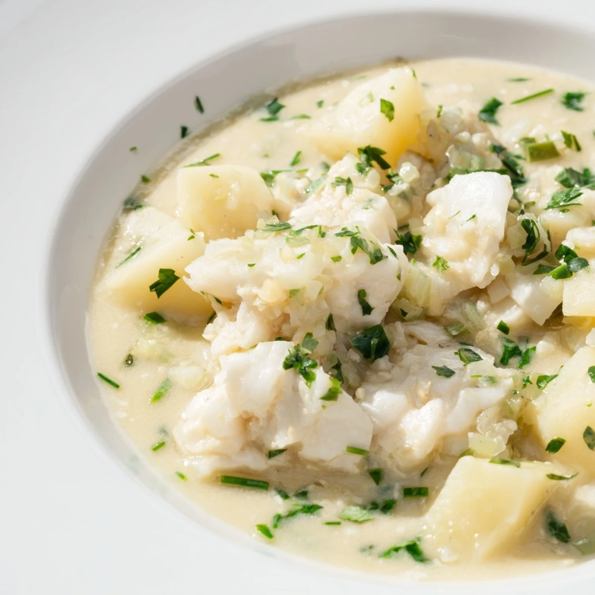 A close-up of Icelandic Fish Stew, showcasing flaky fish pieces within a creamy, herb-speckled soup.