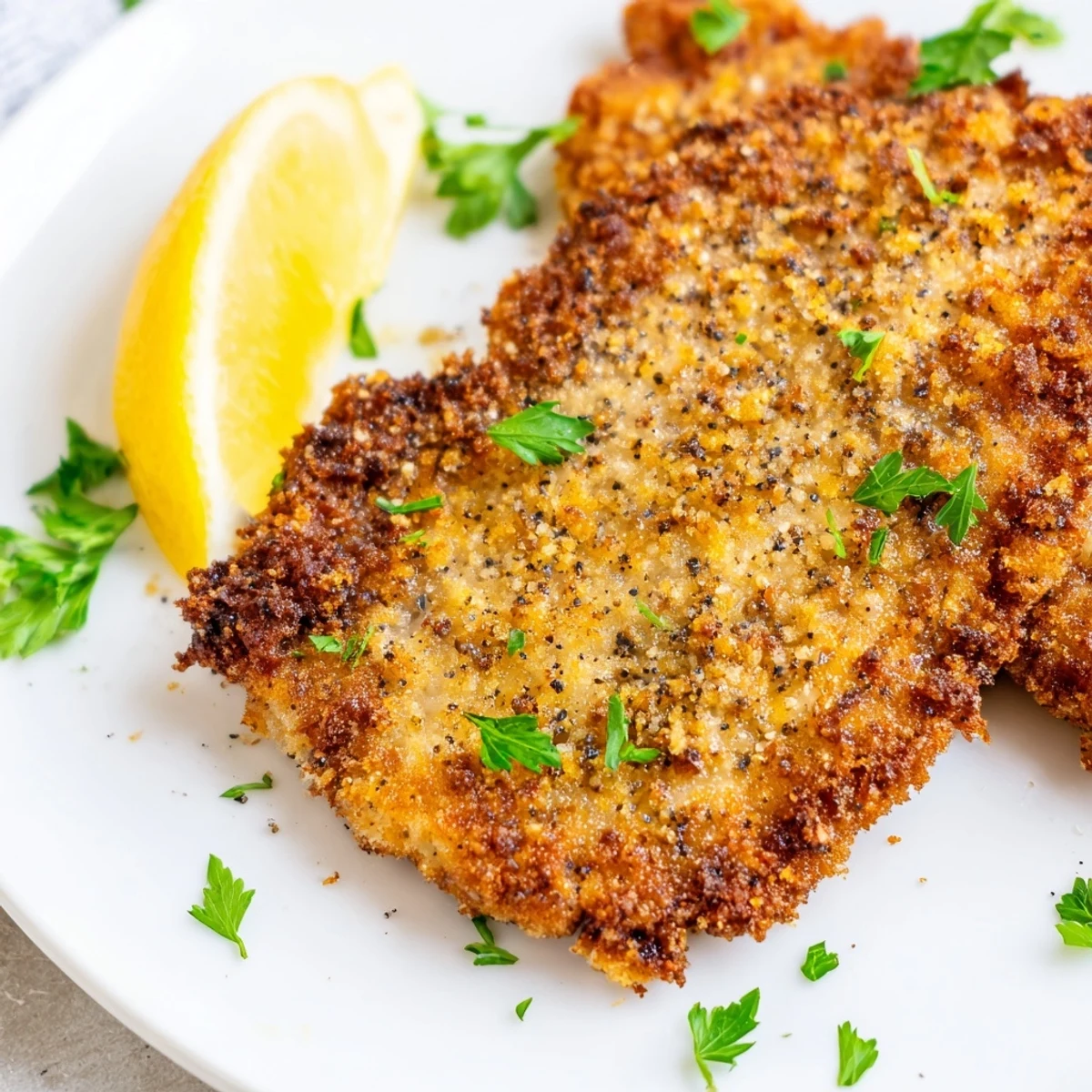 Golden-brown German schnitzel cutlet, crispy from pan-frying, ready to be served with lemon wedges.