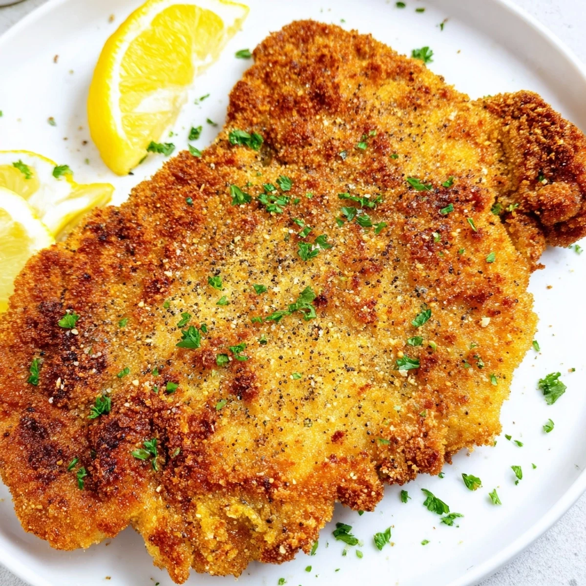 A perfectly prepared German schnitzel cutlet, featuring breaded meat, glistening from fresh oil, awaiting your first bite.