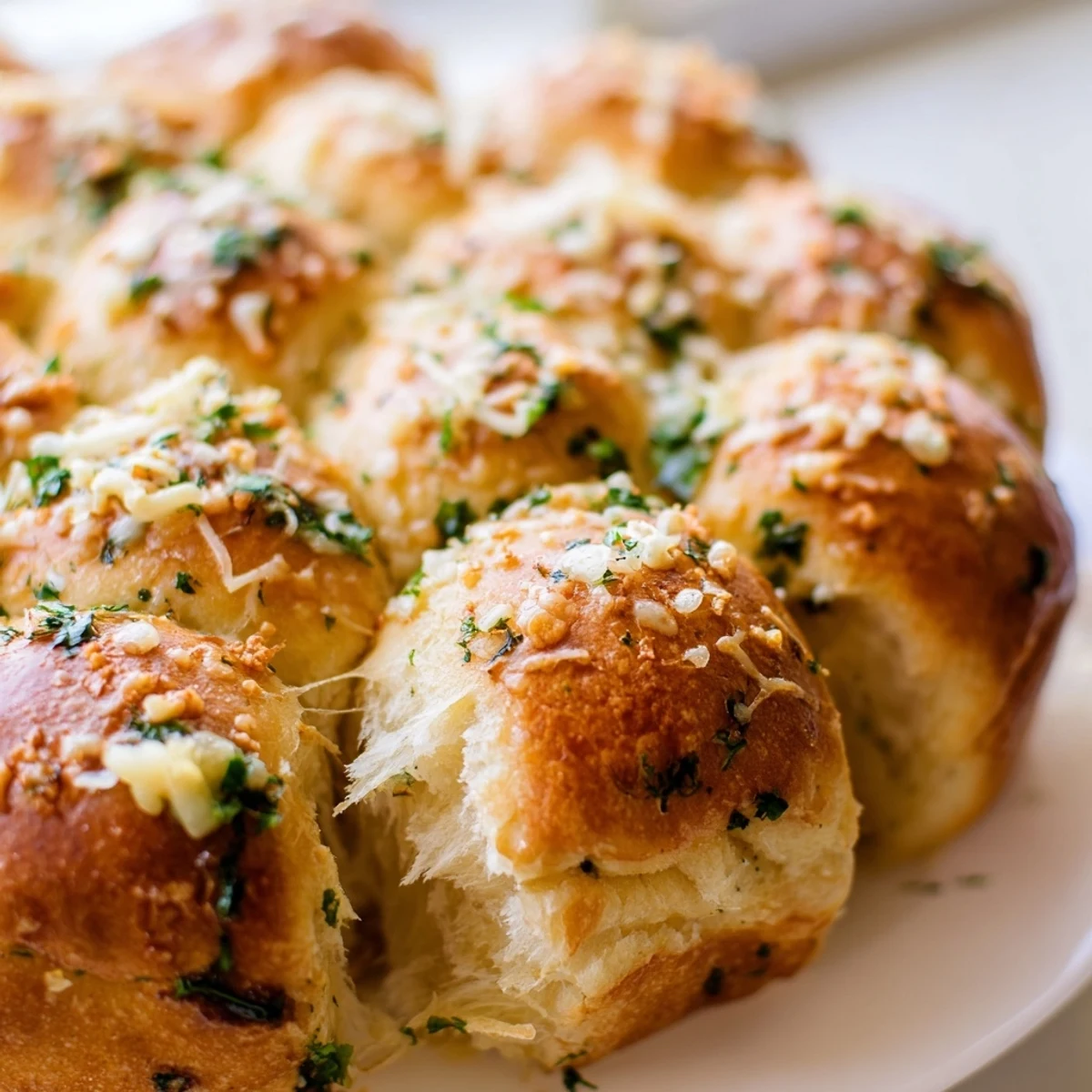 Freshly baked Garlic Butter Bread Pull-Apart with golden tops, garlic butter, and parsley, perfect for sharing at parties or with soup.